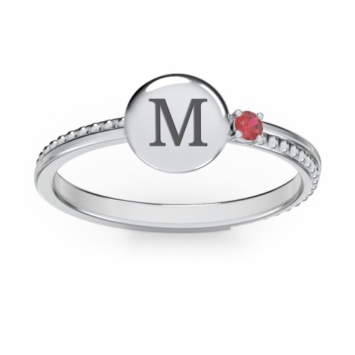 Engravable Disc Ring with Gemstone and Beaded Band – Sterling Silver with Garnet