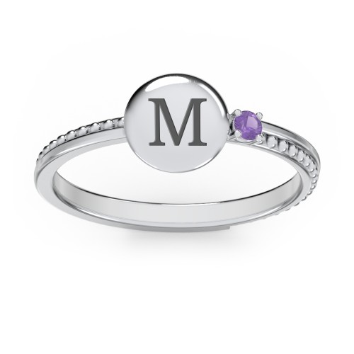 Engravable Disc Ring with Gemstone and Beaded Band – Sterling Silver with Amethyst