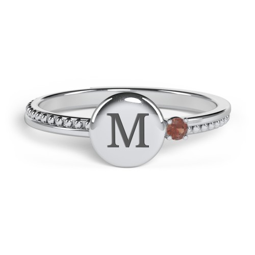Engravable Disc Ring with Gemstone and Beaded Band – Sterling Silver with Garnet