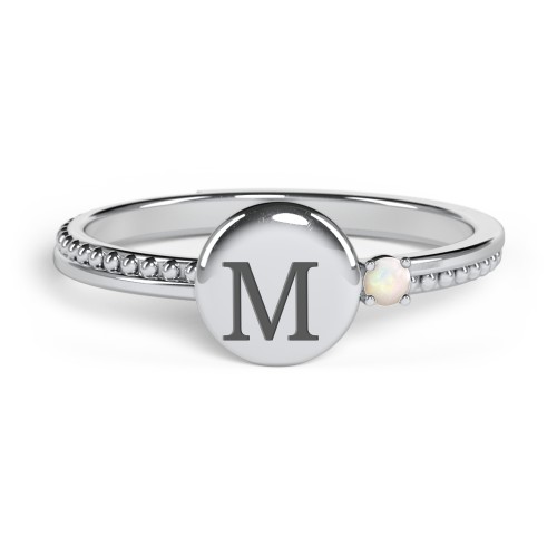 Engravable Disc Ring with Gemstone and Beaded Band – Sterling Silver with Opal