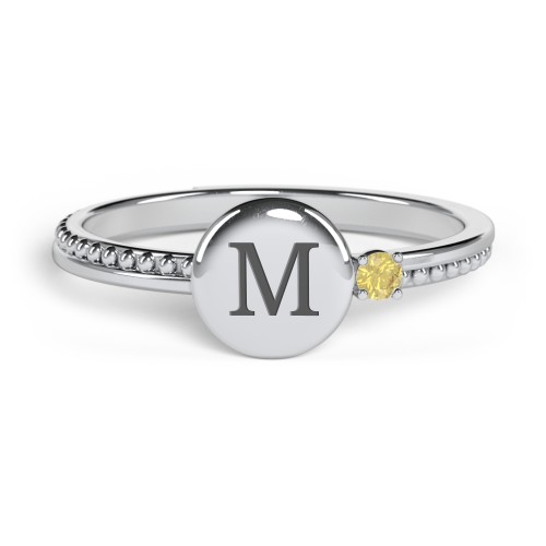 Engravable Disc Ring with Gemstone and Beaded Band – Sterling Silver with Citrine
