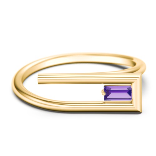 Geometric Wire Ring with East-West Baguette Gemstone – 10K Yellow Gold with Amethyst