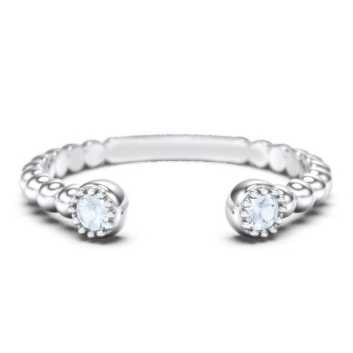 Beaded Ball Open Cuff Ring with Gemstones – Sterling Silver with Aquamarine