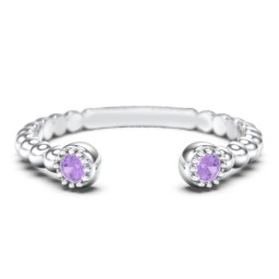 Beaded Ball Open Cuff Ring with Gemstones in 925 Sterling Silver with Amethyst