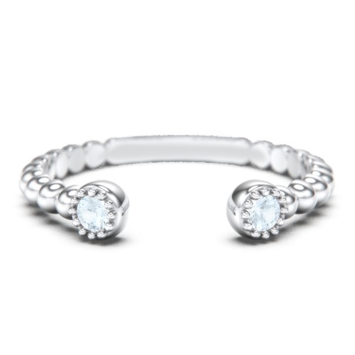 Beaded Ball Open Cuff Ring with Gemstones – Sterling Silver with Aquamarine