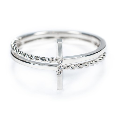 Twisted Cross Ring with Double Band – 10K White Gold