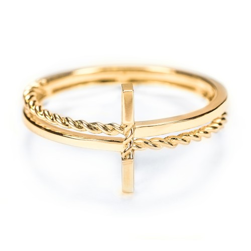 Twisted Cross Ring with Double Band – 10K Yellow Gold