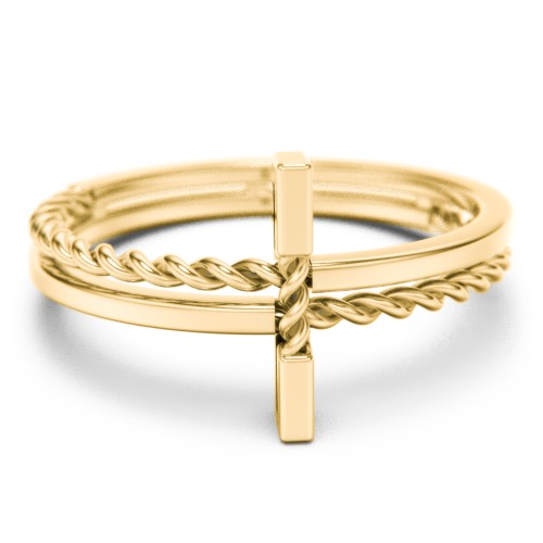 Twisted Cross Ring with Double Band – 10K Yellow Gold