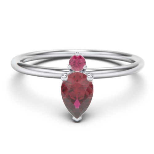 Pear Ring with Round Accent Stone – Sterling Silver with Ruby