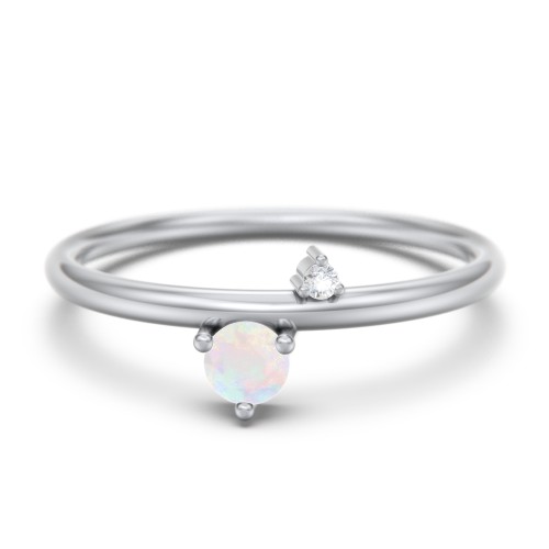 Off-Set Gemstone Stacking Ring – Sterling Silver with Opal and White Premium Zirconia