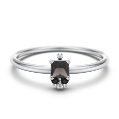 Princess Cut Stacking Ring with Accents – Sterling Silver with Smokey Quartz and Black Premium Zirconia