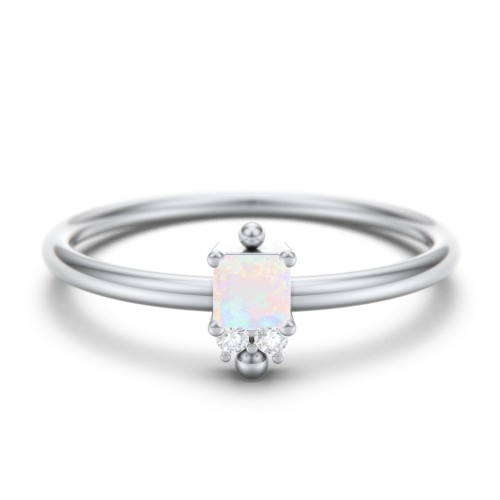Princess Cut Stacking Ring with Accents – Sterling Silver with Opal and White Premium Zirconia