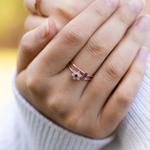 Vertical Baguette Stackable Ring – Sterling Silver with Amethyst