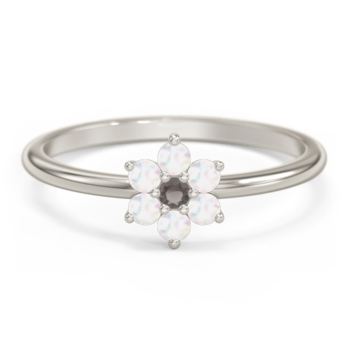 Flower Stackable Ring with Gemstones – 10K White Gold with Smokey Quartz and Opal