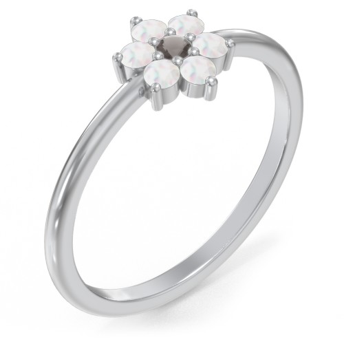 Flower Stackable Ring with Gemstones – Sterling Silver with Smokey Quartz and Opal