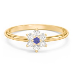 Flower Stackable Ring with Gemstones in 10K Solid Yellow Gold with Blue Sapphire and Cubic Zirconia