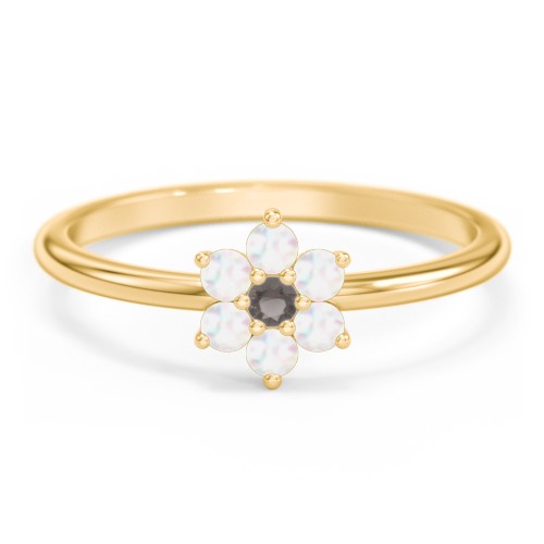 Flower Stackable Ring with Gemstones – 10K Yellow Gold with Smokey Quartz and Opal