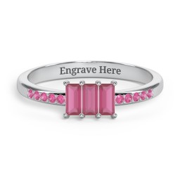 3 Stone Vertical Baguette Ring with Accents in 925 Sterling Silver with Ruby and Red Premium Zirconia