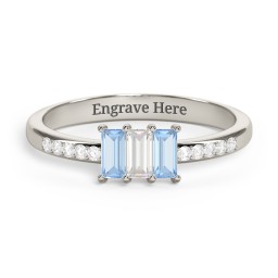 3 Stone Vertical Baguette Ring with Accents in 10K Solid White Gold with Blue Topaz, Cubic Zirconia, and White Premium Zirconia