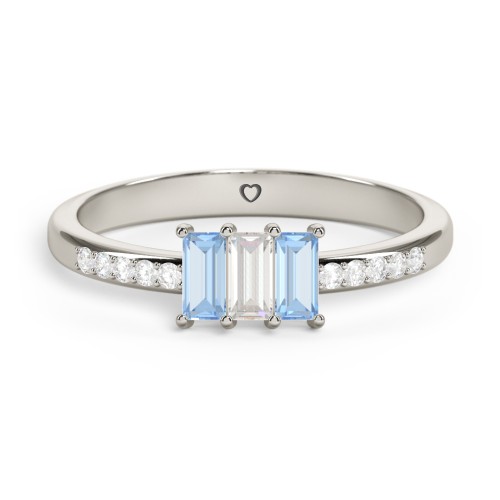 3 Stone Vertical Baguette Ring with Accents – 10K White Gold with Blue Topaz, Cubic Zirconia, and White Premium Zirconia