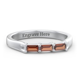 3 Stone Horizontal Baguette Ring in 925 Sterling Silver with Garnet