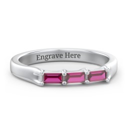 3 Stone Horizontal Baguette Ring in 925 Sterling Silver with Ruby