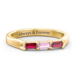 3 Stone Horizontal Baguette Ring in 10K Solid Yellow Gold with Garnet and Pink Tourmaline
