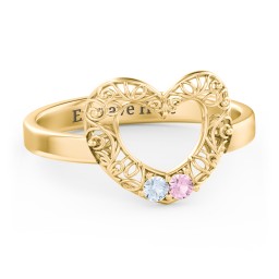 Filigree Heart Ring with Birthstones in 14K Solid Yellow Gold with Aquamarine and Pink Tourmaline