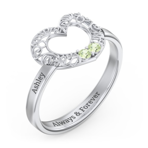 Filigree Heart Ring with Birthstones – Sterling Silver with Peridot