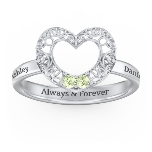 Filigree Heart Ring with Birthstones – Sterling Silver with Peridot