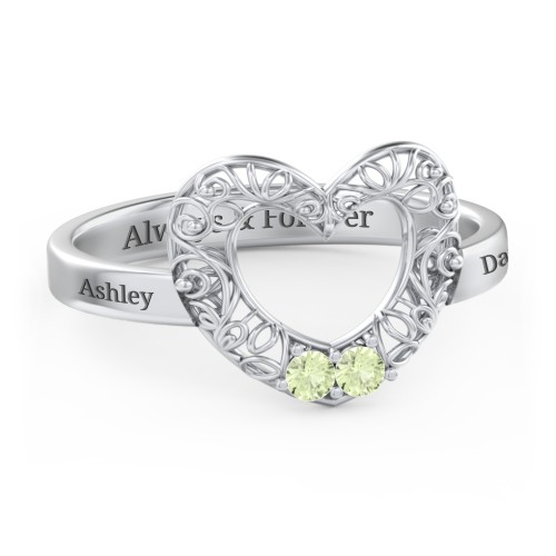 Filigree Heart Ring with Birthstones – Sterling Silver with Peridot