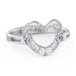 Filigree Heart Ring with Birthstones in 925 Sterling Silver with Cubic Zirconia