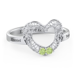 Filigree Heart Ring with Birthstones in 925 Sterling Silver with Peridot
