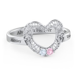Filigree Heart Ring with Birthstones in 925 Sterling Silver with Aquamarine and Pink Tourmaline