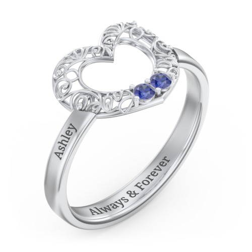 Filigree Heart Ring with Birthstones – Sterling Silver with Blue Sapphire