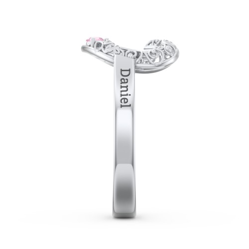 Filigree Heart Ring with Birthstones – Sterling Silver with Aquamarine and Pink Tourmaline