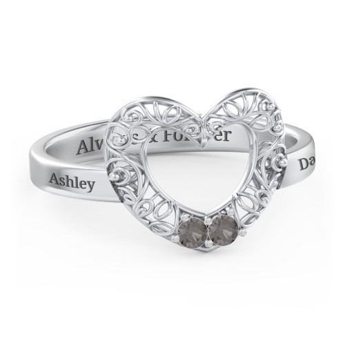 Filigree Heart Ring with Birthstones – Sterling Silver with Smokey Quartz
