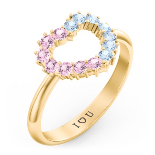 Couples Birthstone Heart Ring – 14K Yellow Gold with Pink Tourmaline and Blue Topaz