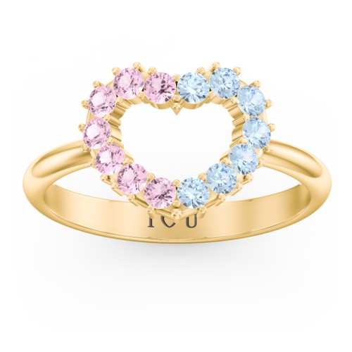 Couples Birthstone Heart Ring – 14K Yellow Gold with Pink Tourmaline and Blue Topaz