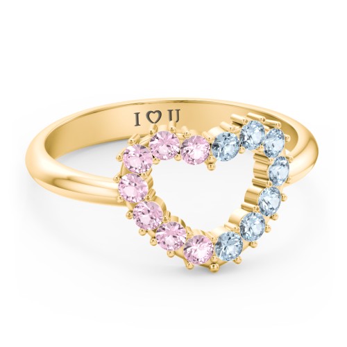 Couples Birthstone Heart Ring – 14K Yellow Gold with Pink Tourmaline and Blue Topaz
