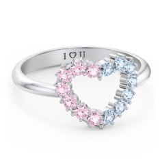 Couples Birthstone Heart Ring – 10K White Gold with Pink Tourmaline and Blue Topaz
