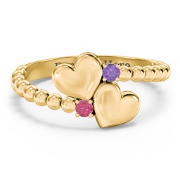 Engravable Double Heart Ring with Birthstones in 14K Solid Yellow Gold with Amethyst and Ruby