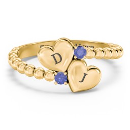 Engravable Double Heart Ring with Birthstones in 18K Gold Plated Silver with Blue Sapphire