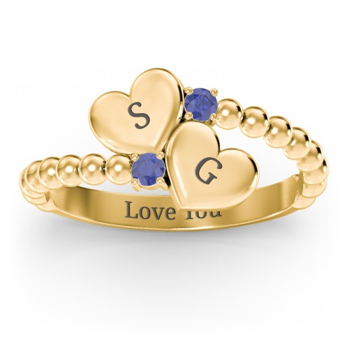 Engravable Double Heart Ring with Birthstones – 18K Gold Plated Silver with Blue Sapphire