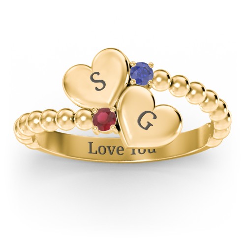 Engravable Double Heart Ring with Birthstones – 18K Gold Plated Silver with Blue Sapphire and Garnet