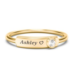 Engravable Bar Ring with Birthstone in 10K Solid Yellow Gold with Cubic Zirconia