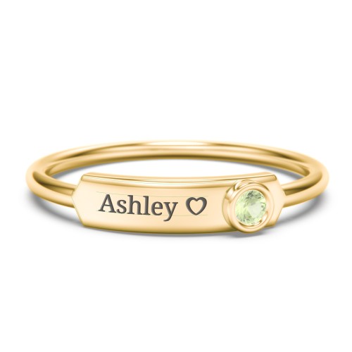 Engravable Bar Ring with Birthstone – 10K Yellow Gold with Peridot