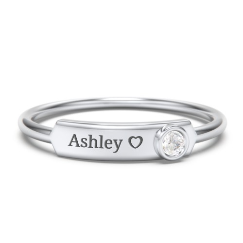 Engravable Bar Ring with Birthstone – Sterling Silver with Diamond