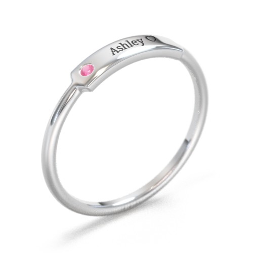 Engravable Bar Ring with Birthstone – Sterling Silver with Ruby