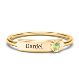 Engravable Bar Ring with Birthstone in 10K Solid Yellow Gold with Peridot